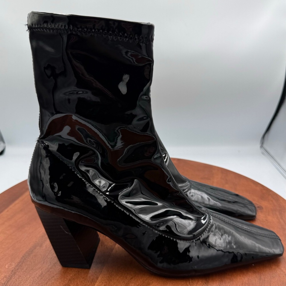 Zara Womens Patent Square Toe Ankle Booties Black Size EU 39 Block Heel Party